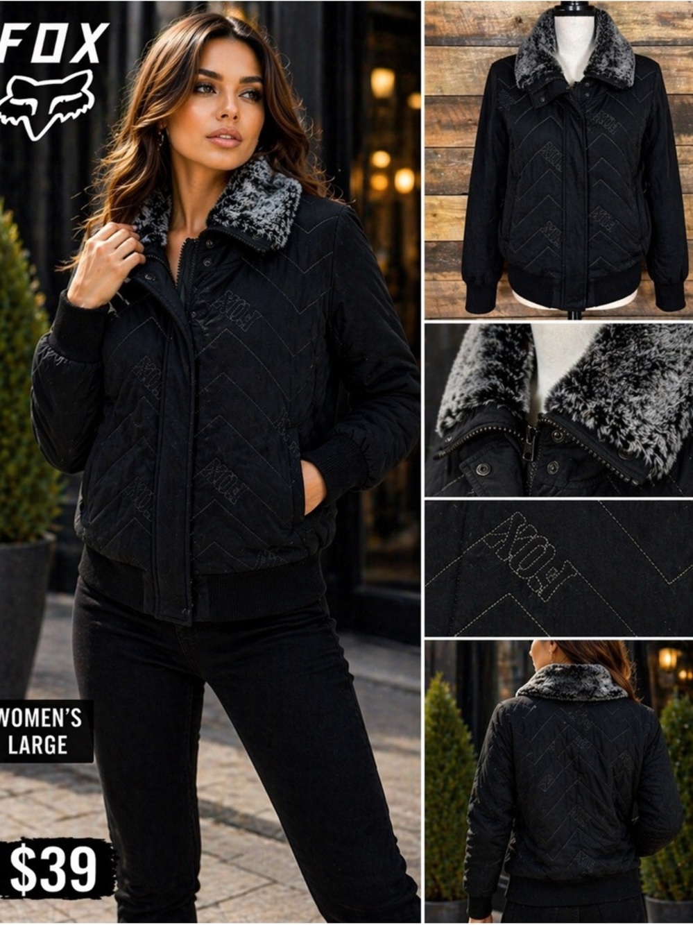 Fox Black Quilted Bomber Jacket with Faux-Fur Collar
